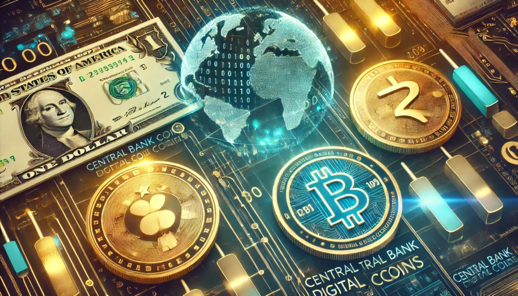 A futuristic digital-themed video thumbnail featuring glowing coins and banknotes of the US dollar, Chinese yuan, and Indian rupee, with binary code p