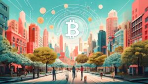 Futuristic illustration of a city with trees, people and buildings, and cryptocurrency